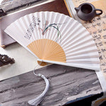 Buddha Stones Chinese Characters Ink Painting Lotus Flower Leaf Landscape Handheld Huayao Crepe Polyester Bamboo Folding Fan 23.3cm