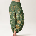 Buddha Stones Cotton Casual Blooming Flowers Buds Design Women's Elastic Waist Harem Pants