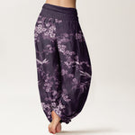 Buddha Stones Cotton White Sakura Flower Pattern Women's Elastic Waist Harem Pants