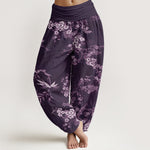 Buddha Stones Cotton White Sakura Flower Pattern Women's Elastic Waist Harem Pants