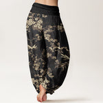 Buddha Stones Cotton White Sakura Flower Pattern Women's Elastic Waist Harem Pants
