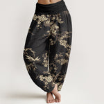 Buddha Stones Cotton White Sakura Flower Pattern Women's Elastic Waist Harem Pants