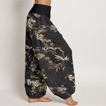 Buddha Stones Cotton White Sakura Flower Pattern Women's Elastic Waist Harem Pants