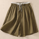Buddha Stones Solid Color Contrast Color Waist Lace-up Cotton Linen Women's Shorts With Pockets