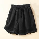Buddha Stones Plain Color Bottom Hollow Lace Design Lace-up Cotton Women's Shorts With Pockets