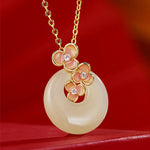 Buddha Stones 925 Sterling Silver Natural Hetian Jade Peach Blossom Peace Buckle Zircon Luck Bracelet Necklace Pendant