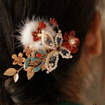 Buddha Stones Classical Chinese Style Red Flower Butterfly Pearl Hair Clip