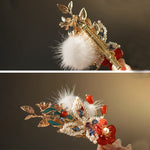 Buddha Stones Classical Chinese Style Red Flower Butterfly Pearl Hair Clip