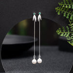 Buddha Stones 925 Sterling Silver Zircon Pearl Bamboo Leaves Protection Drop Earrings