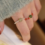 Buddha Stones 925 Sterling Silver Natural Small Hetian Jade Red Agate Pearl Bead Prosperity Elastic Ring