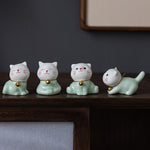 Buddha Stones Mini Lucky Cute Cat Light Green White Ceramic Figurine Decoration
