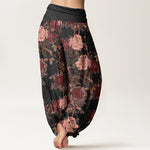 Buddha Stones Cotton Casual Lush Peony Flowers Leaf Pattern Women's Elastic Waist Harem Pants