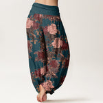 Buddha Stones Cotton Casual Lush Peony Flowers Leaf Pattern Women's Elastic Waist Harem Pants