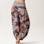 Buddha Stones Cotton Casual Lush Peony Flowers Leaf Pattern Women's Elastic Waist Harem Pants