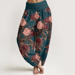 Buddha Stones Cotton Casual Lush Peony Flowers Leaf Pattern Women's Elastic Waist Harem Pants