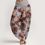 Buddha Stones Cotton Casual Lush Peony Flowers Leaf Pattern Women's Elastic Waist Harem Pants