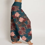 Buddha Stones Cotton Casual Lush Peony Flowers Leaf Pattern Women's Elastic Waist Harem Pants