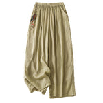 Buddha Stones Summer Embroidery Double Layer Cotton Linen Women's Wide Leg Pants With Pockets