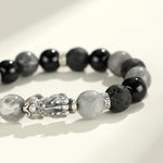 Buddha Stones 999 Sterling Silver PiXiu Black Onyx Grey Jasper Lava Rock Protection Bracelet