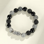 Buddha Stones 999 Sterling Silver PiXiu Black Onyx Grey Jasper Lava Rock Protection Bracelet