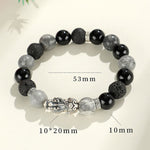 Buddha Stones 999 Sterling Silver PiXiu Black Onyx Grey Jasper Lava Rock Protection Bracelet