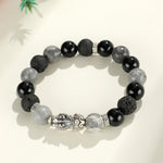 Buddha Stones 999 Sterling Silver PiXiu Black Onyx Grey Jasper Lava Rock Protection Bracelet