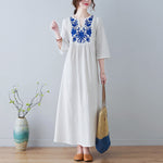 Buddha Stones Casual Bohemia Embroidery Floral Simple Design Three Quarter Sleeve V-Neck Cotton Linen Maxi Dress