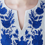 Buddha Stones Casual Bohemia Embroidery Floral Simple Design Three Quarter Sleeve V-Neck Cotton Linen Maxi Dress