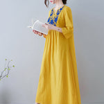 Buddha Stones Casual Bohemia Embroidery Floral Simple Design Three Quarter Sleeve V-Neck Cotton Linen Maxi Dress
