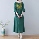 Buddha Stones Casual Bohemia Embroidery Floral Simple Design Three Quarter Sleeve V-Neck Cotton Linen Maxi Dress