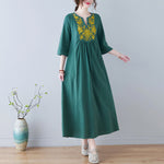 Buddha Stones Casual Bohemia Embroidery Floral Simple Design Three Quarter Sleeve V-Neck Cotton Linen Maxi Dress