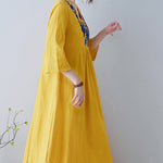 Buddha Stones Casual Bohemia Embroidery Floral Simple Design Three Quarter Sleeve V-Neck Cotton Linen Maxi Dress