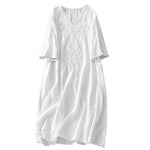 Buddha Stones Summer White Pure Color Embroidery Leaf Flower V-Neck Short Sleeve Midi Dress With Pockets