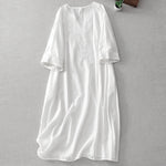 Buddha Stones Summer White Pure Color Embroidery Leaf Flower V-Neck Short Sleeve Midi Dress With Pockets