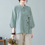 Buddha Stones Vintage Summer Stereoscopic Flower Embroidery Three Quarter Sleeve Frog-Button Cotton Linen Women's Shirt