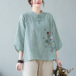 Buddha Stones Vintage Summer Stereoscopic Flower Embroidery Three Quarter Sleeve Frog-Button Cotton Linen Women's Shirt