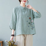 Buddha Stones Vintage Summer Stereoscopic Flower Embroidery Three Quarter Sleeve Frog-Button Cotton Linen Women's Shirt