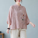 Buddha Stones Vintage Summer Stereoscopic Flower Embroidery Three Quarter Sleeve Frog-Button Cotton Linen Women's Shirt