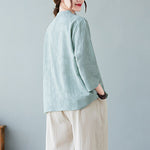Buddha Stones Vintage Summer Stereoscopic Flower Embroidery Three Quarter Sleeve Frog-Button Cotton Linen Women's Shirt