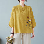 Buddha Stones Vintage Summer Stereoscopic Flower Embroidery Three Quarter Sleeve Frog-Button Cotton Linen Women's Shirt