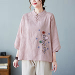 Buddha Stones Vintage Summer Stereoscopic Flower Embroidery Three Quarter Sleeve Frog-Button Cotton Linen Women's Shirt