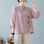 Buddha Stones Vintage Summer Stereoscopic Flower Embroidery Three Quarter Sleeve Frog-Button Cotton Linen Women's Shirt