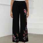 Buddha Stones Black Summer Plain Ethnic Embroidery Cotton Linen Drawstring Women's Pants With Pockets
