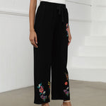 Buddha Stones Black Summer Plain Ethnic Embroidery Cotton Linen Drawstring Women's Pants With Pockets
