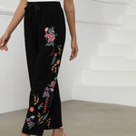 Buddha Stones Black Summer Plain Ethnic Embroidery Cotton Linen Drawstring Women's Pants With Pockets