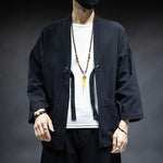 Buddha Stones Solid Color Lace-up Open Front Jacket Cotton Men's Kimono