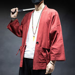 Buddha Stones Solid Color Lace-up Open Front Jacket Cotton Men's Kimono