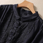 Buddha Stones Summer Plain Button Embroidery Flower Pattern Three Quarter Sleeve Lapel Women's Shirt