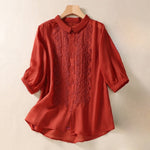 Buddha Stones Summer Plain Button Embroidery Flower Pattern Three Quarter Sleeve Lapel Women's Shirt