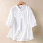 Buddha Stones Summer Plain Button Embroidery Flower Pattern Three Quarter Sleeve Lapel Women's Shirt